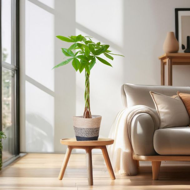 pachira-aquatica-in-duurzame-mand-in huiskamer