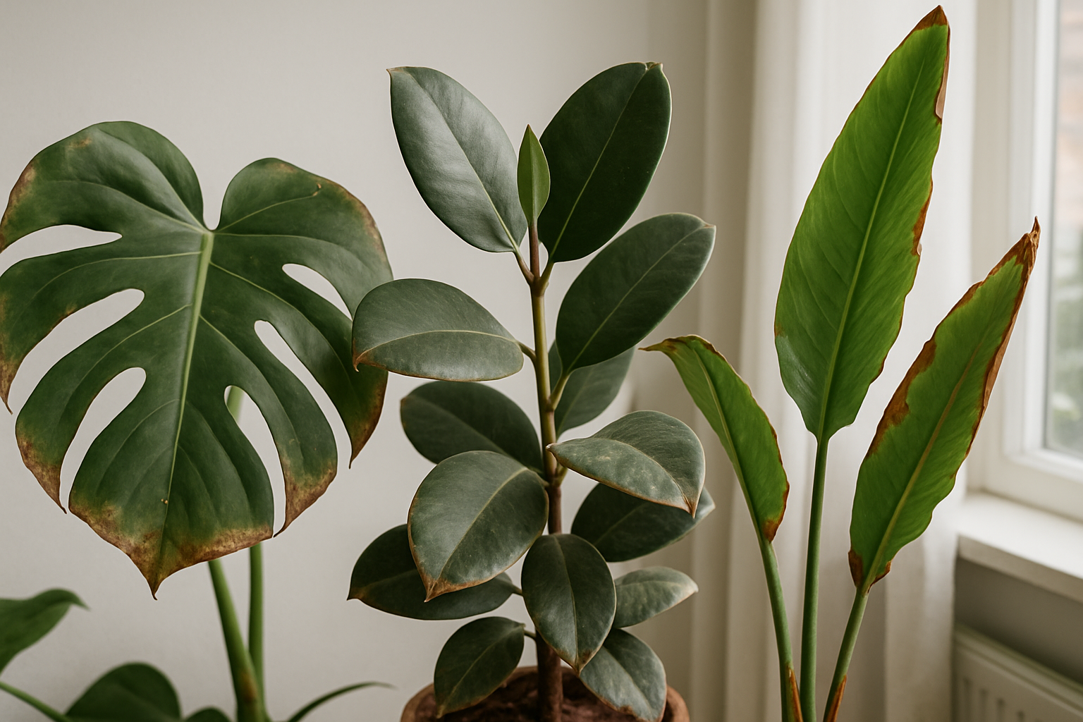 Ejemplos de hojas marrones en plantas de interior