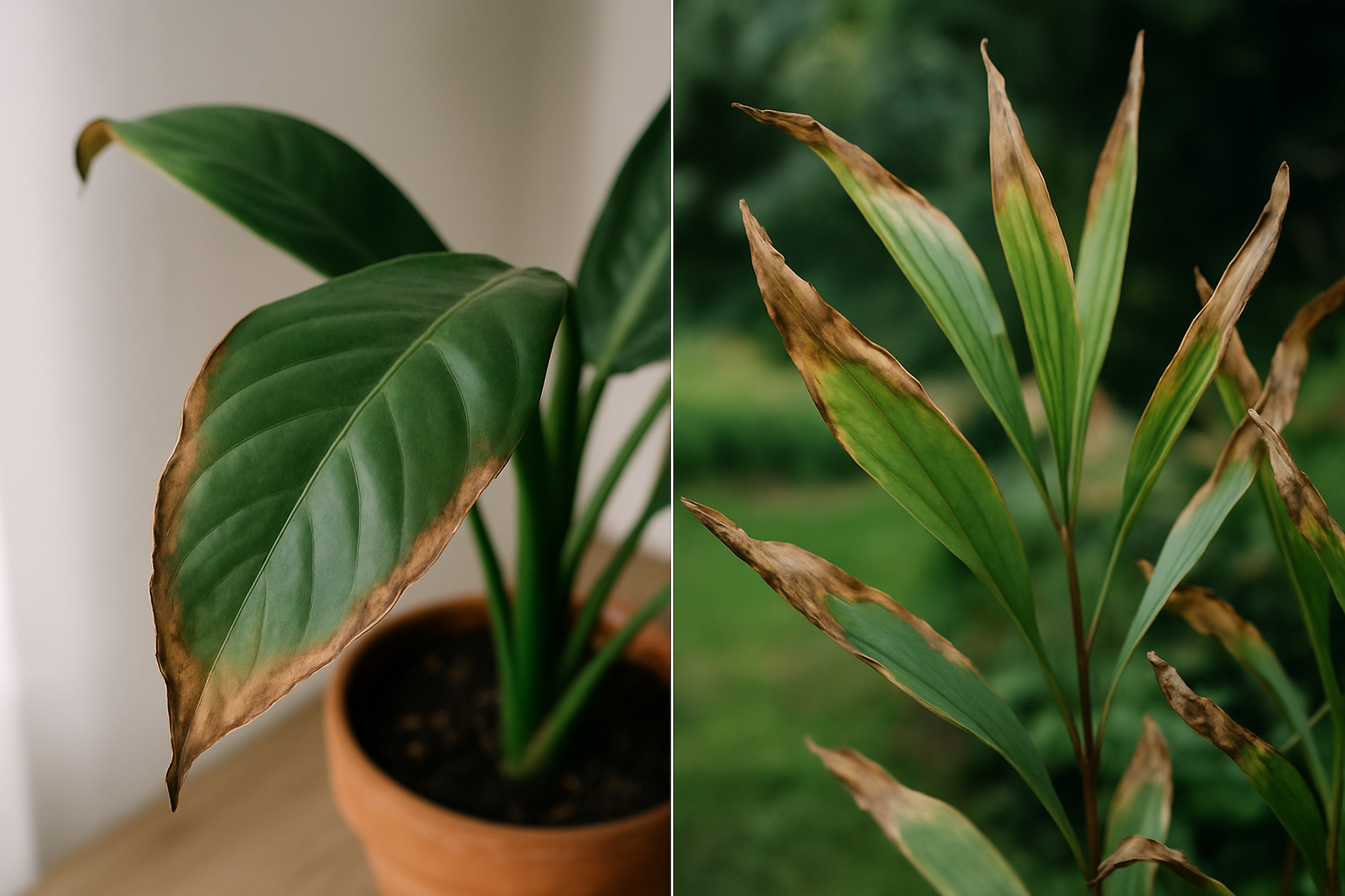 Hojas marrones, puntas secas y bordes en plantas
